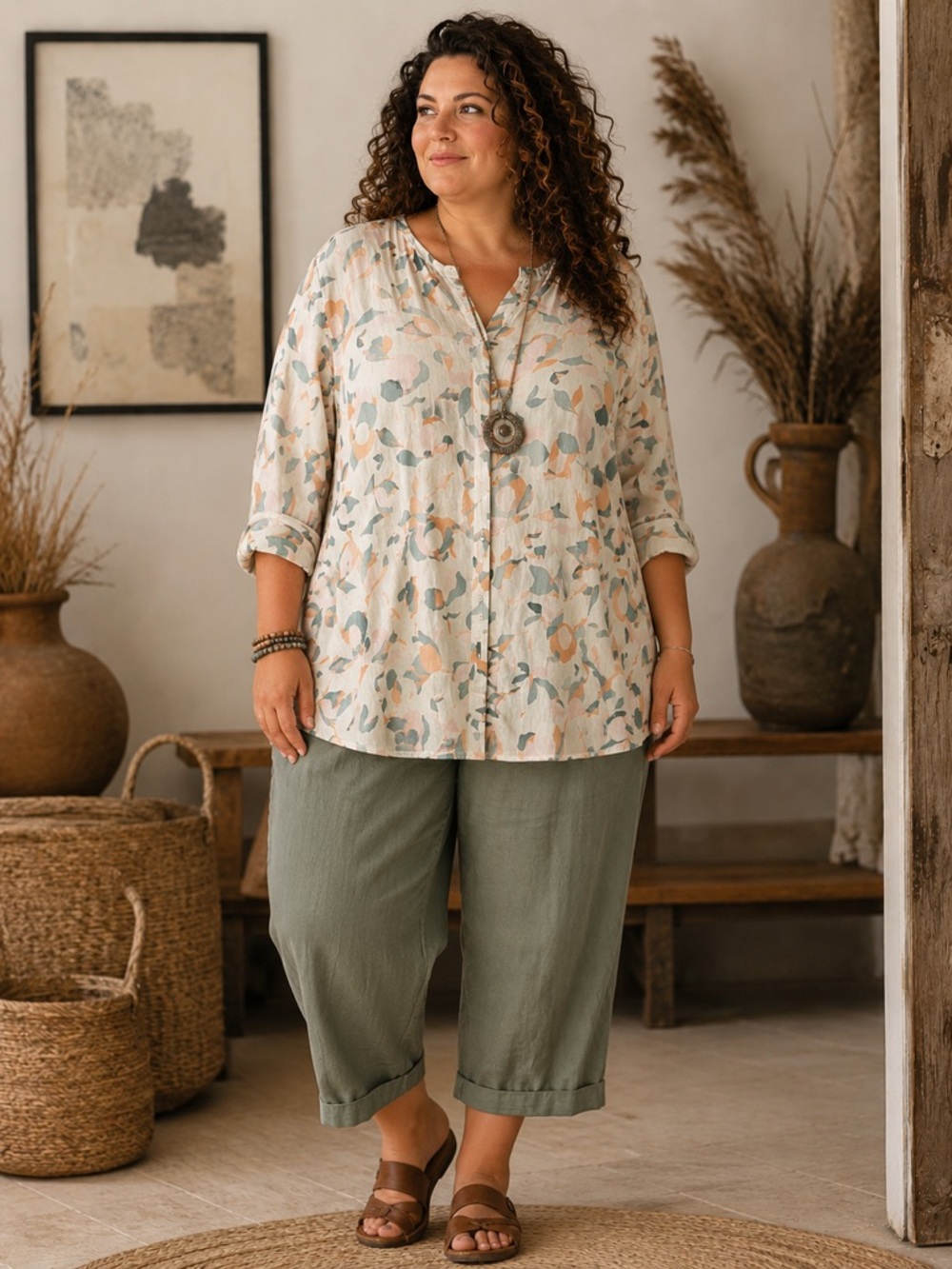 Rachel Zoe 100% Linen Peach & Cream Floral Tunic Top 3X